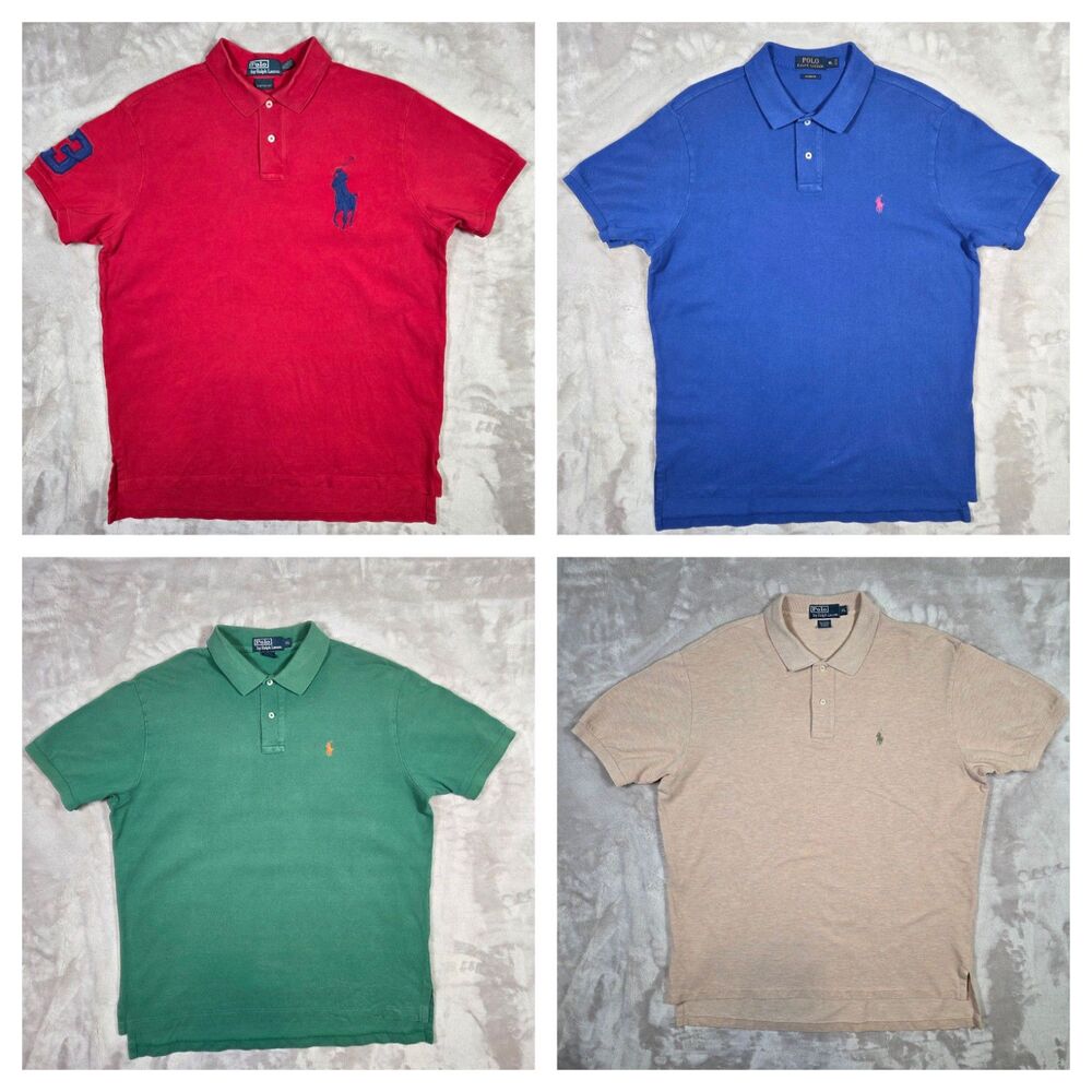 Lot 4 Vintage Polo Ralph Lauren Mens XL Cotton Polo Shirts Custom Fit Big Pony